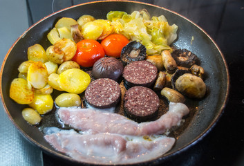 Frying Breakfast with Black Pudding, Bacon, Mushrooms and Potatoes
