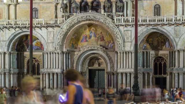 Entrance to Basilica of St Mark night timelapse. It is cathedral church of Roman Catholic Archdiocese of Venice