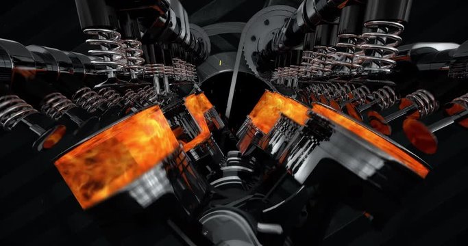 V8 Engine Animation With Explosions And Sparks. Camera Slowly Zooming.