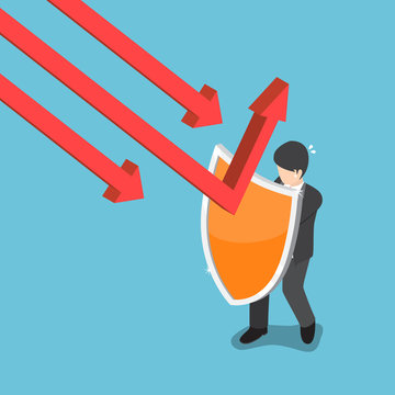 Isometric businessman use shield to protect falling graph.