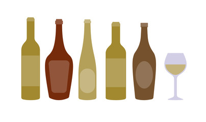 Set of wine bottles and glass of wine Isolated on White Background