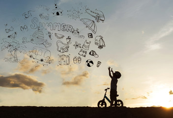 silhouette kids on bikes at sunset with Hand drawn doodle summer icons set