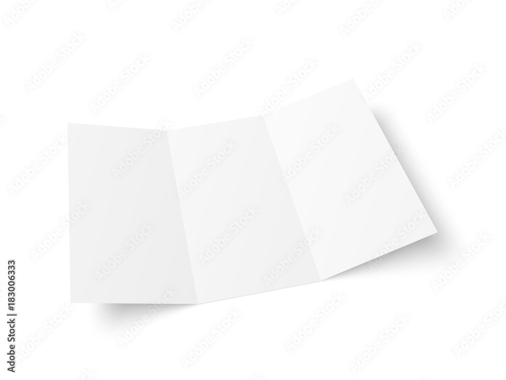 Poster Vector blank white trifold booklet opened on white background. Perspective. Mock up of empty cover or flyer isolated. Soft shadows.