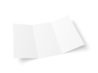 Vector blank white trifold booklet opened on white background. Perspective. Mock up of empty cover or flyer isolated. Soft shadows.
