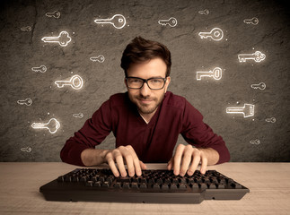 Hacker nerd guy with drawn password keys