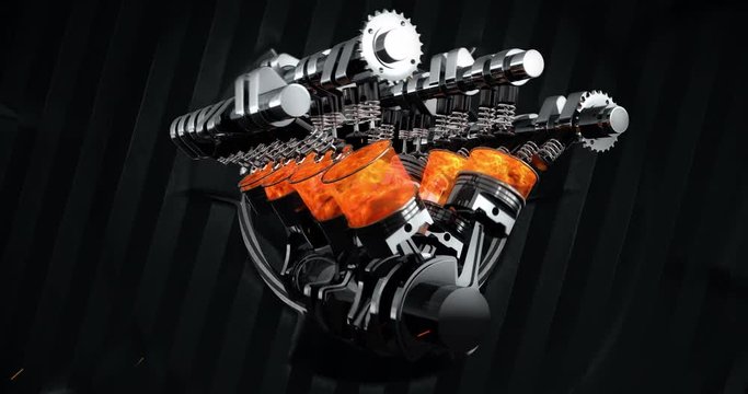 V8 Engine Animation With Explosions And Sparks. Rotating Machines On Background - Loop