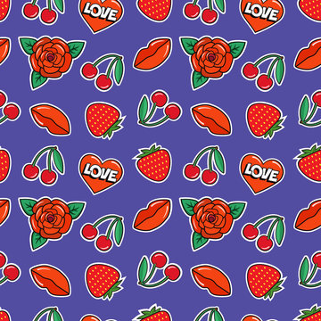 Seamless pattern with rose, cherry, strawberry, lips and heart on violet background. Fashion patches and stickers. Vector illustration.