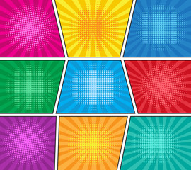 Retro comic colorful striped background with halftone. Vector illustration, vintage design, pop art style.