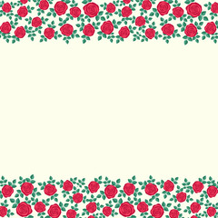 Beautiful border of red roses on beige background. Cute template for greeeting card, invitation etc. Vector illustration