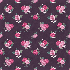 Naklejka premium Seamless floral vintage romantic pattern with pink roses on dark shabby background. Retro wallpaper style. Shabby chic design. Perfect for scrapbooking, greeting cards etc