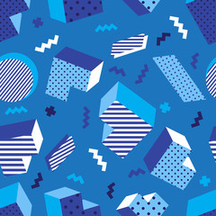 Obraz premium Seamless colorful old school geometric blue background pattern, memphis design style. Vector illustration