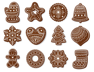 New Year ginger biscuits, gingerbread, christmas. Bakery products. Isolated on white background Vector. Food. bell, sock, snowflake, heart. mitten