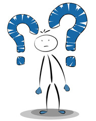 nachdenklich, trauriges Strichmännchen mit hängenden Schultern und Fragezeichen