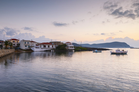 Morning view of the harbour in Psara village, Greece.
