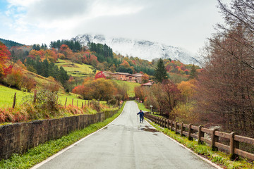 countryside town of basque country on foggy day, Spain