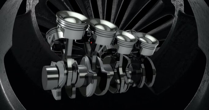 Rotating V8 Engine Pistons On A Crankshaft With Sparks Inside Of Another Machine - Loop