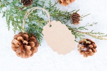 blank holiday gift tag with snow, greenery and pine cones