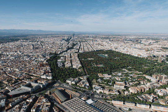 Air view of Retiro Park in Madrid, Spain