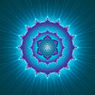 Emerald volumetric sacred mandala with motif of cell structure and lotus, vector illustration.