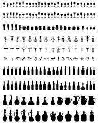 Silhouettes of bowls, bottles, glasses and corkscrew on a white background