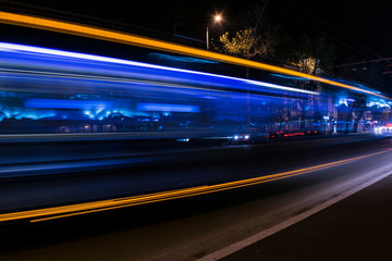 Fototapeta na wymiar Effect of transparent bus. Blue-blue effect