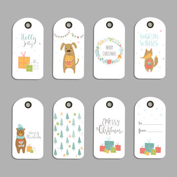 Set of 8 cute Christmas gift tags, cards with lettering Merry Christmas, animals, presets, tree and snowflakes.
