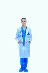 Beautiful young woman in white coat posing with hand in pocket. Woman doctor