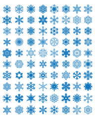 Set of different blue snowflakes on a white background