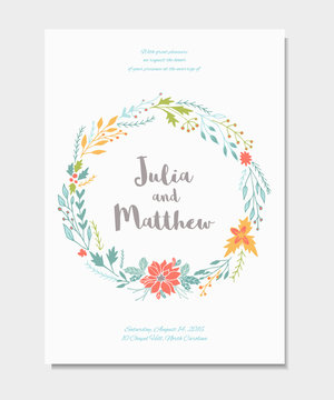 Wedding invitation with floral wreath, flowers. Vector template for birthday, baby shower,