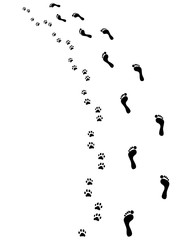 Footprints of bare feet and paws dog, turn left