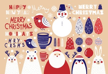 Cute set of Christmas elements for posters and postcards