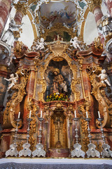 Fototapeta na wymiar The interior of the Wieskirche church in the village of Vis in the Upper Bavaria, Germany