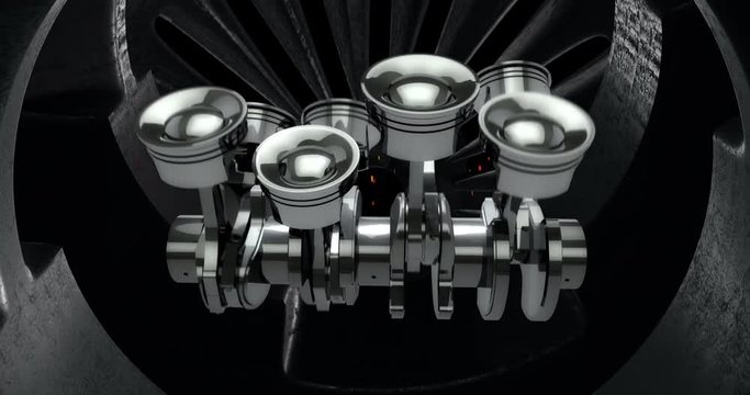 V8 Engine Pistons On A Crankshaft With Sparks Inside Of Another Machine