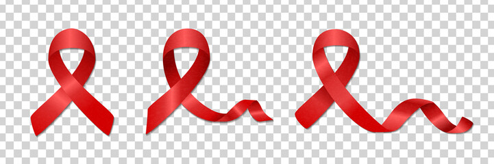 Vector set of realistic isolated red ribbons for World Aids Day on the transparent background.