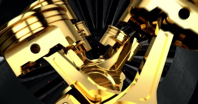 Close Up A Working Gold Colored V8 Engine Animation - Loop