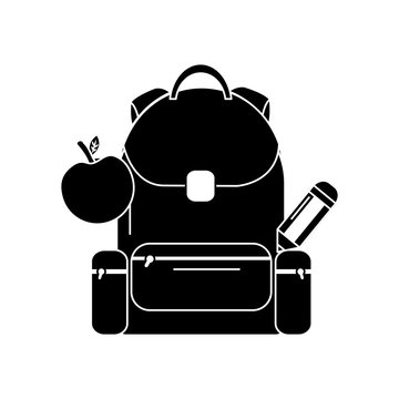 school backpack apple and pencil back elementary study vector illustration black image