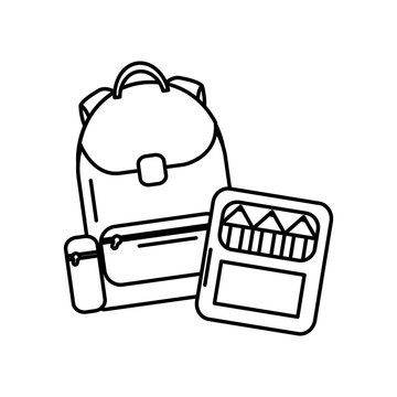 school backpack and color box supplies vector illustration outline
