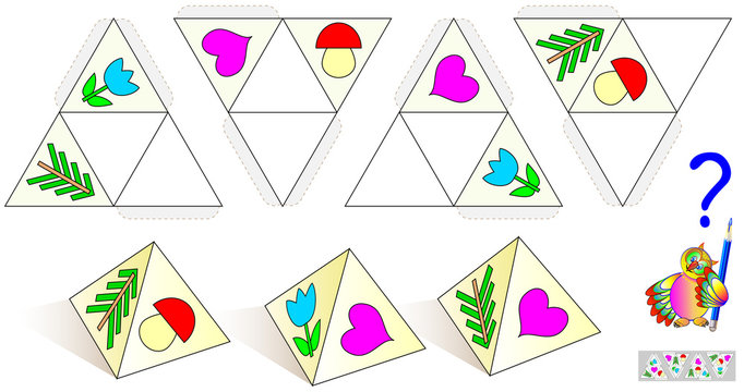 Logic Puzzle Game. Draw The Missing Objects On Patterns So That All The Pyramids Were Identical. Worksheet Page For Children And Adults. Vector Image.