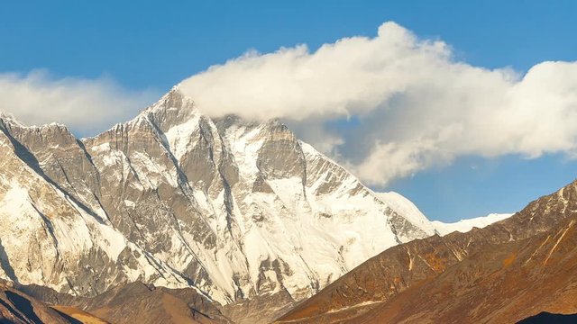 Timelapse of Golden Everest, Himalayas, landscape between way to Everest Base Camp,Nepal.Snow capped mountain top highest in the world.