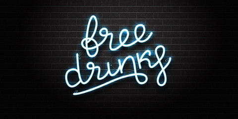 Vector realistic isolated neon sign of Free Drinks lettering for decoration and covering on the wall background.