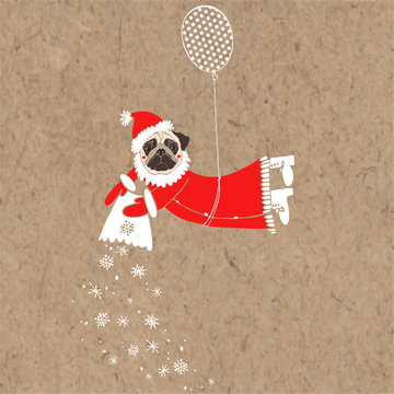 Pug in Santa Claus costume flying on balloon. Vector illustration, isolated element for design, greeting card or invitation on kraft paper. Dog - animal symbol of new year 2018.