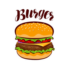 Burger, American fast food. Element for design menu restaurant or cafe. Cartoon vector illustration