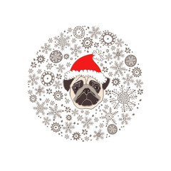 Pug  in Santa's hat and snowflakes. Dog- animal symbol of new year 2018. Vector illustration in the circle on a white background,  isolated element for design.