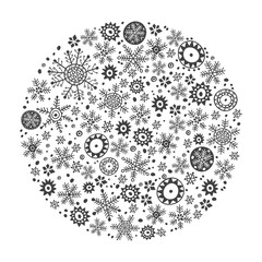 Round vector background with snowflakes. Festive winter black and white illustration. It can be an invitation, a greeting card, a design element.