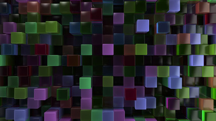 Wall of blue, green, brown and purple glass cubes