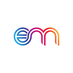 Initial lowercase letter em, linked outline rounded logo, colorful vibrant gradient color