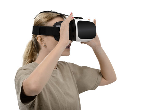 Frau mit VMD HMD 3D Brille virtuelle Realität Videobrille
