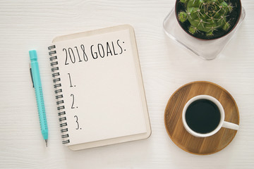 Top view 2018 goals list with notebook, cup of coffee on white background.