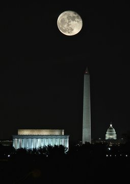 Washington DC monuments at night under full Super Moon