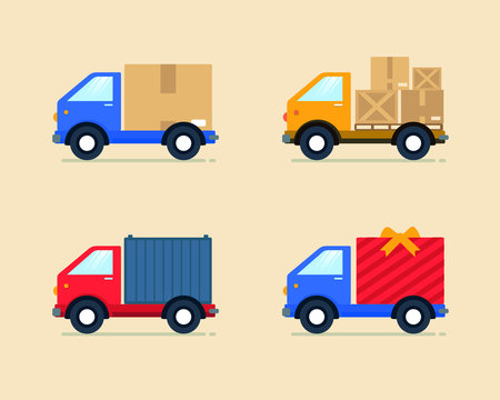 Vehículos de carga ilustrados, cajas, contenedores, regalos, logística de envíos. 